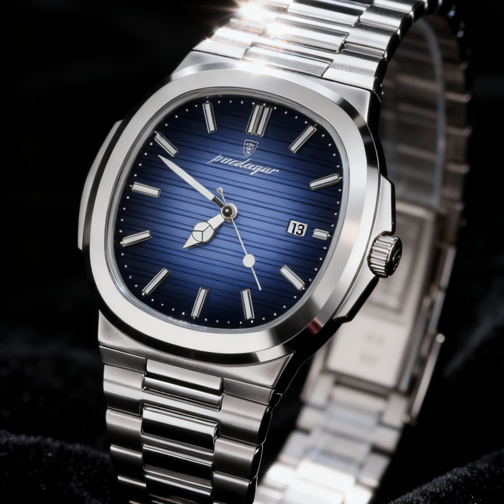 Ceas bărbătesc din oțel cu cadran albastru